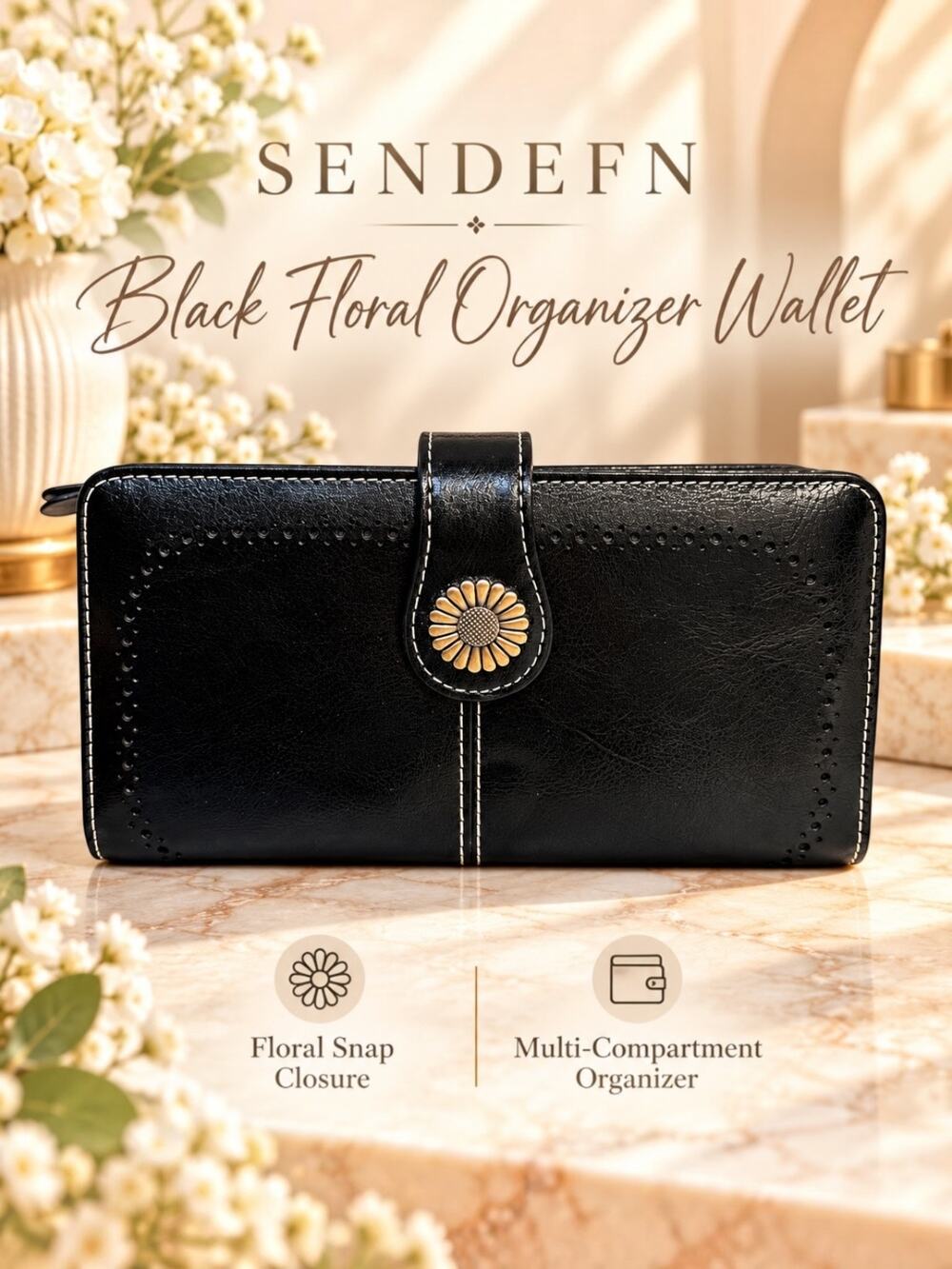 SENDEFN Black Floral Organizer Wallet Faux Leather Large Bifold